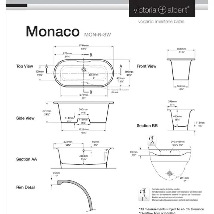 Monaco Freestanding bath 1744 x 806mm, without overflow image