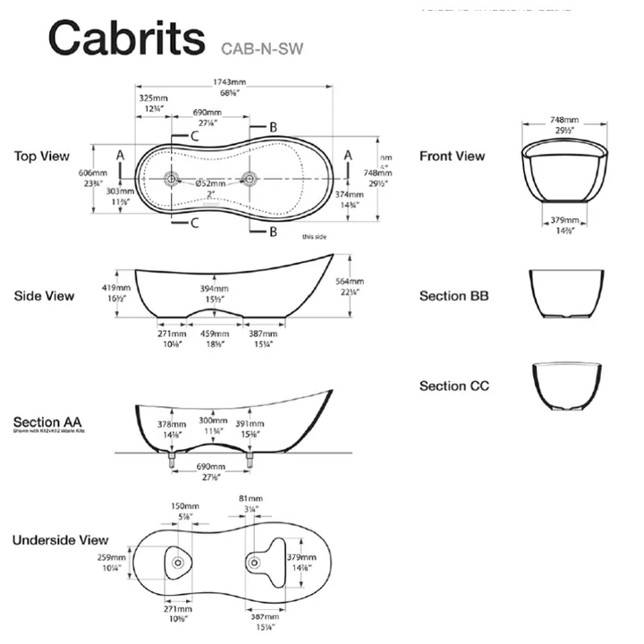 Cabrits Freestanding bath 1743 x 748mm, without overflow image