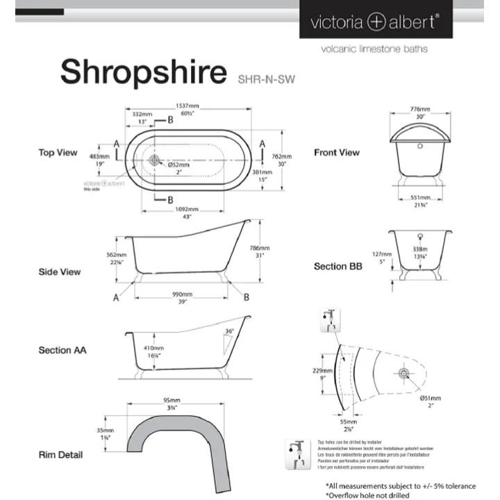 Shropshire Claw foot bath 1537 x 762mm, without overflow, with White Quarrycast feet image