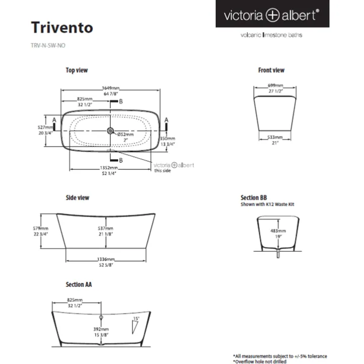 Trivento Freestanding bath 1649 x 699mm, without overflow image