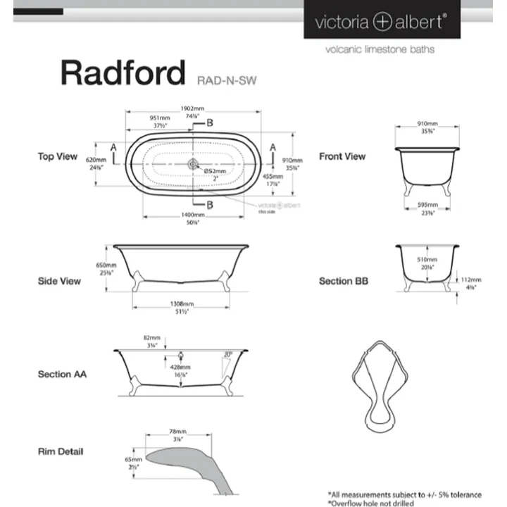 Radford Claw foot bath 1902 x 910mm, without overflow, with White Quarrycast feet image