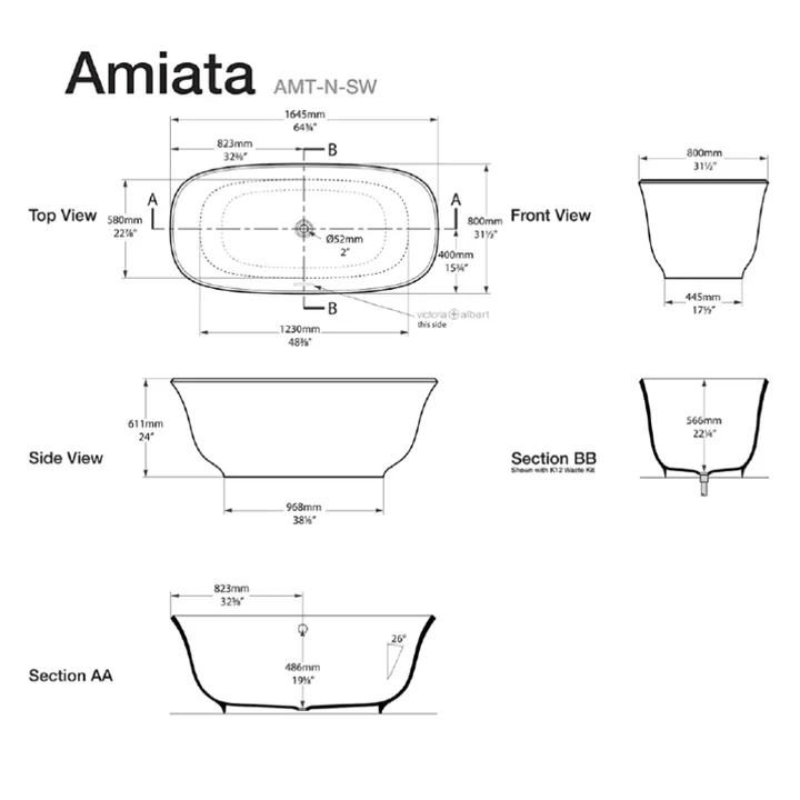 Amiata 1650 Freestanding bath 1645 x 800mm, without overflow image